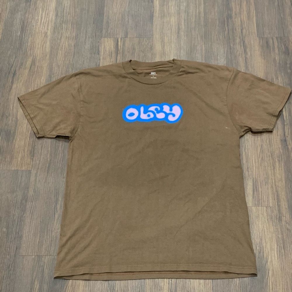 Obey Brown T-Shirt with Blue Pink Logo Size L used